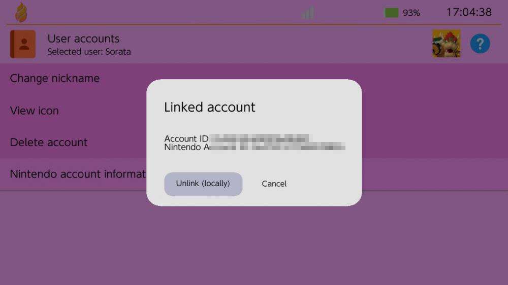 Unlink Nintendo account information